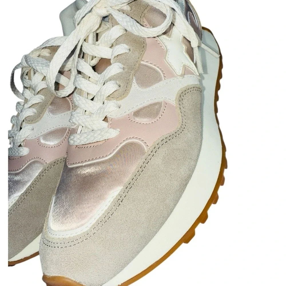 W6YZ Just Say Wizz Pink Satin Beige Suede Women's Lace Up Sneakers Size 7 NWOB